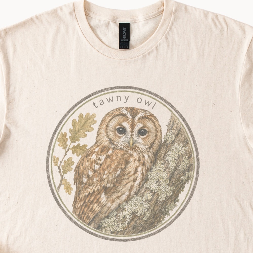Tawny Owl Perched on Oak Badge Tee
